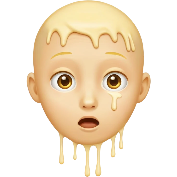 surprised face, classic emoji, 😮, yellow circular, genderless, hairless, white cream dripping from cheeks, white cream in mouth emoji