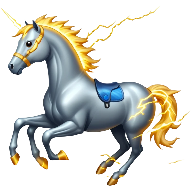 Fast electric horse galloping with electricity flowing through metal plates, sparking wires, and lightning bolts coming off its body emoji
