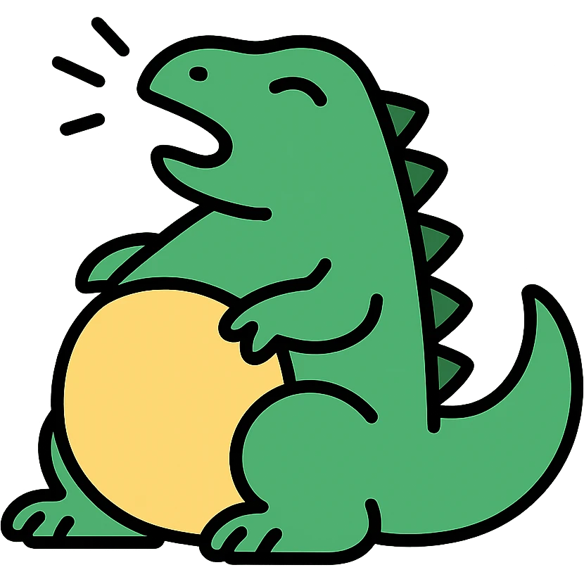 A fat green komodo dragon with a round belly, in mid-hiccup with small motion lines emoji