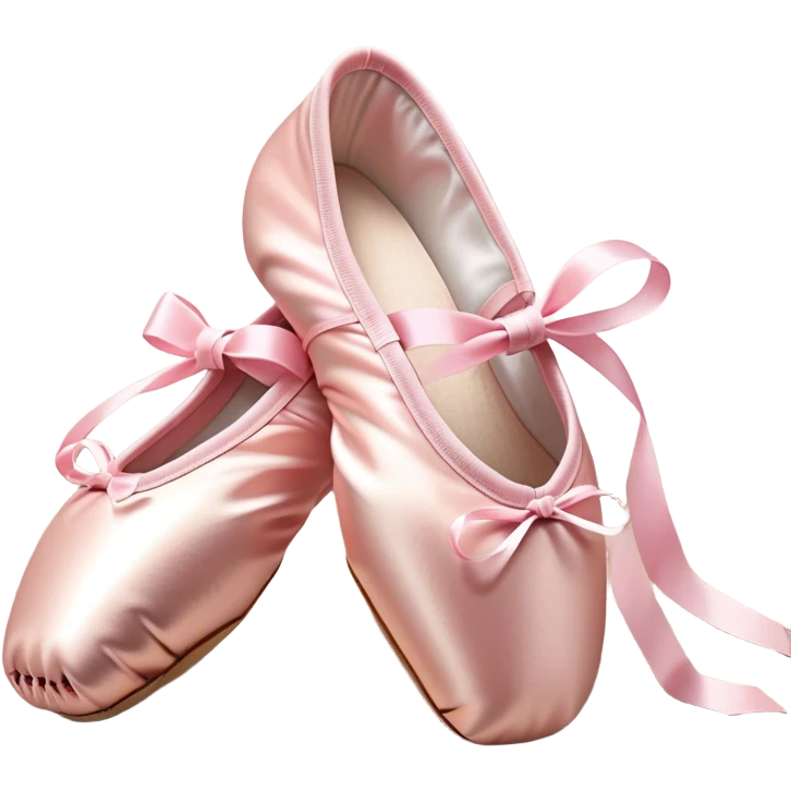 Cinematic Realistic Ballet Shoes, soft satin pink pointe shoes with delicate ribbons, resting gently on a polished wooden floor, subtle creases in the fabric, glowing under the warm golden light of a rehearsal studio, evoking elegance and grace. emoji