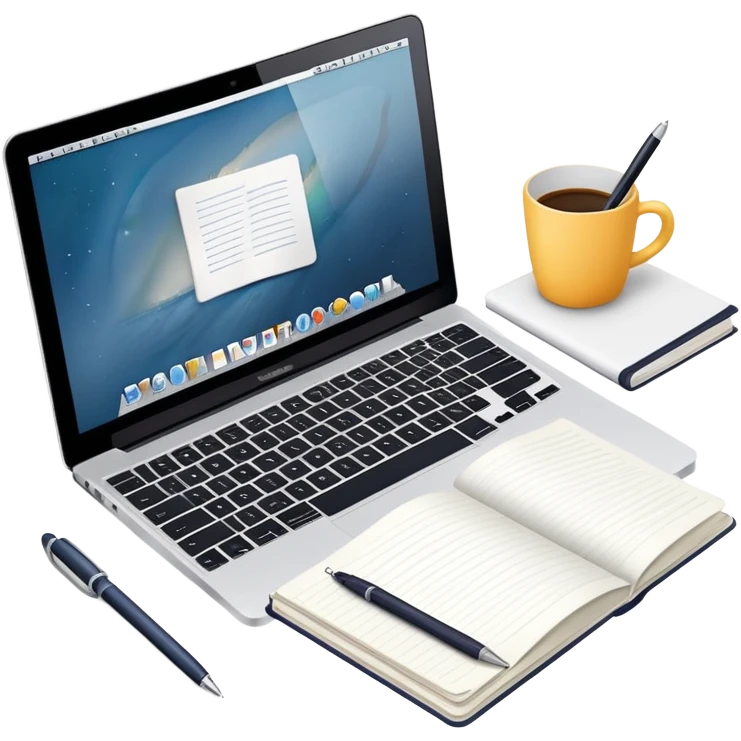 top view of a MacBook, open notebook with notes, and pen beside them emoji