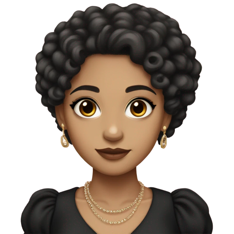 Light skin girl with very long black curly hair, brown eyes, black Chanel dress emoji