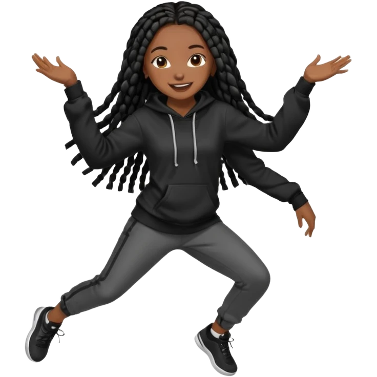 African American girl dark skin complextion long black box braids wearing plain black hoodie dancing emoji