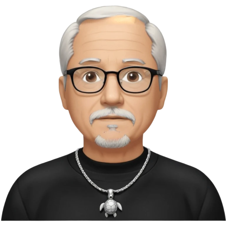 Tony Barceló is a large, strong, lively man in his 70s with short, neatly combed gray hair and a trimmed goatee. broad round face, square glasses, and a confident presence. a black outfit with a silver turtle necklace, reflecting his thoughtful, creative energy as a writer. a stubble  emoji