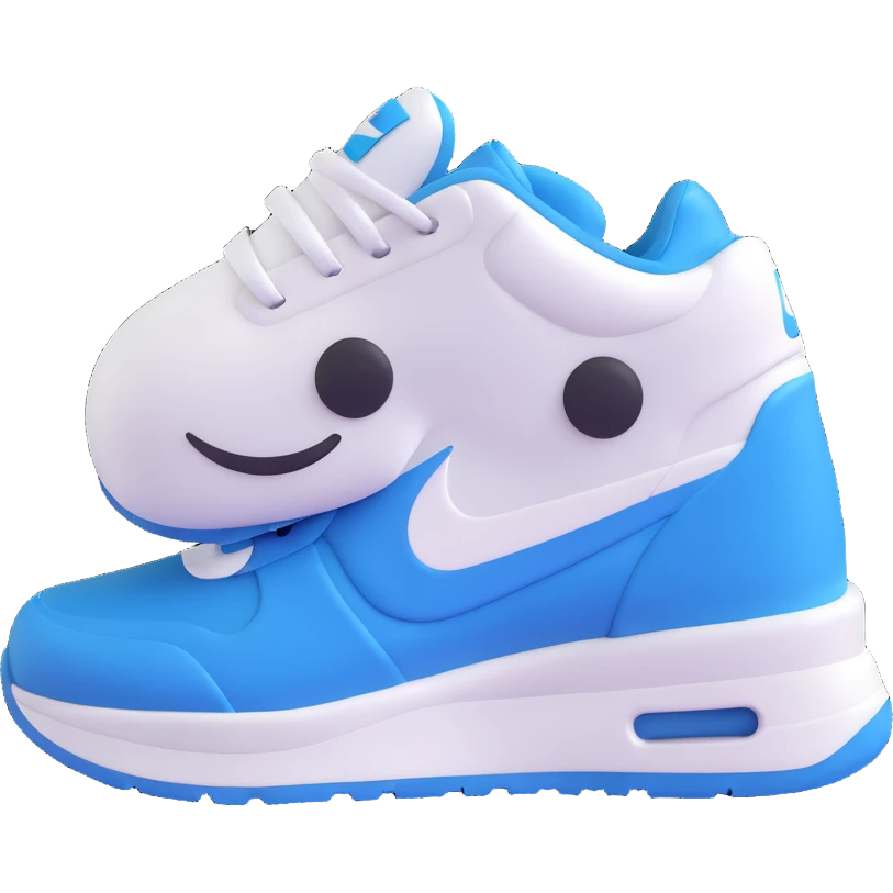 white and blue Nike sneaker, with a cute face, playful look, 3D emoji style emoji
