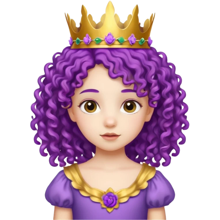 Princesses kid girl, with Gold Crown and flower on purple curly hair, with white dress emoji