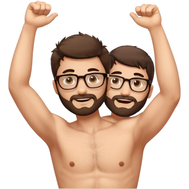 iOS emoji-style cartoon, light stubble, glasses, wide eyes, neutral skin tone, shirtless , hairy chest , one arm up hairy armpit emoji
