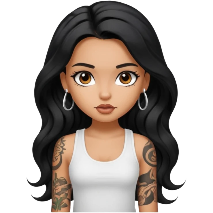 a pretty tan bratz girl with long wavy black hair, wearing a white tank top. with full tattoos emoji