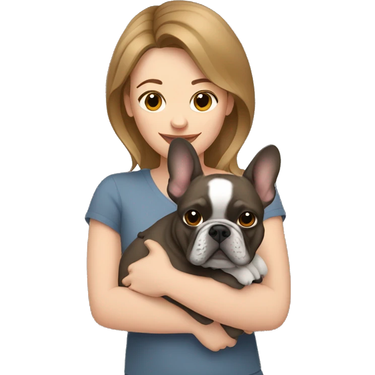 light brown hair woman hugging a dark gray french bulldog emoji