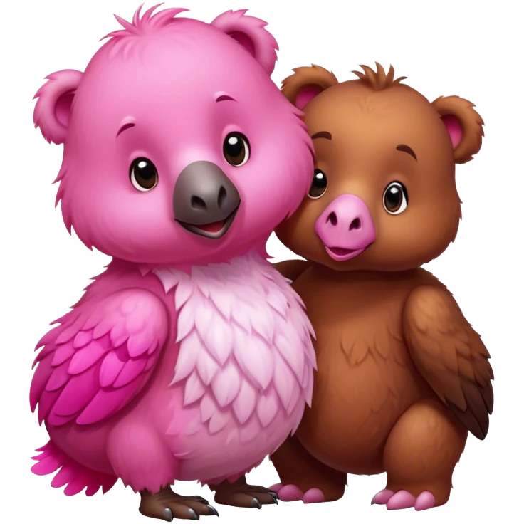 A cute brown bear and a realistic cute pink dodo closely together emoji