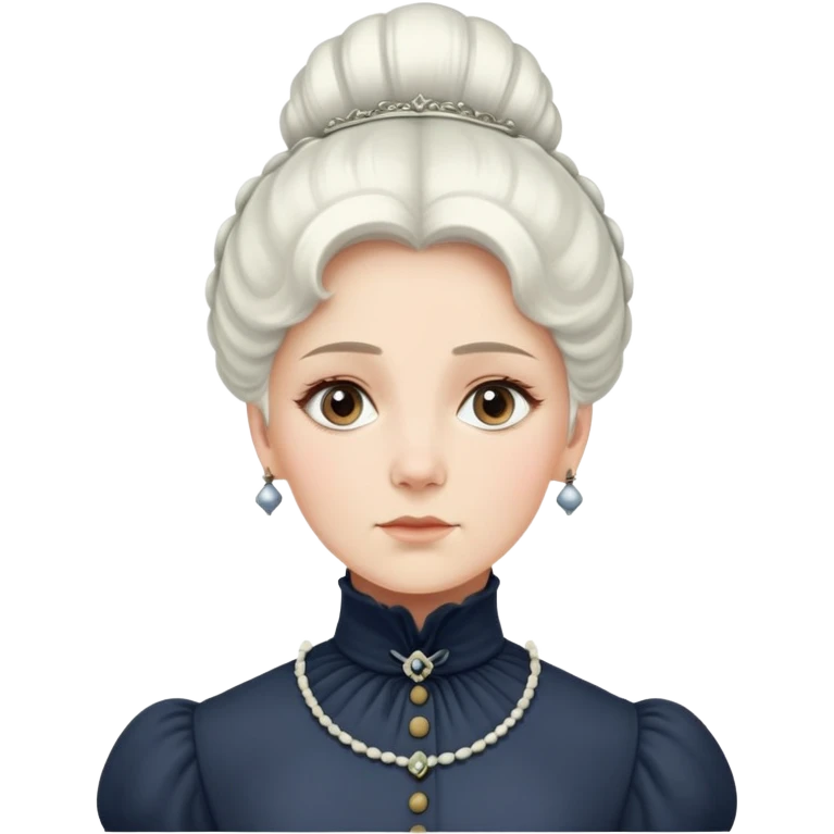 Victorian woman with white coiffed hair, modest turtleneck Victorian dress, and an awestruck expression emoji