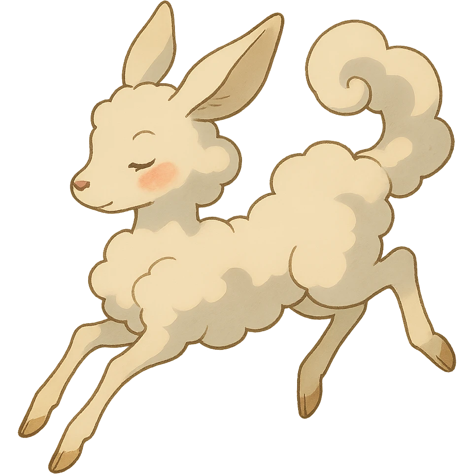 vanilla cloud doe with rosy cheeks, floating gracefully with witch-like elegance, brand identity mascot for social media, Ghibli style emoji