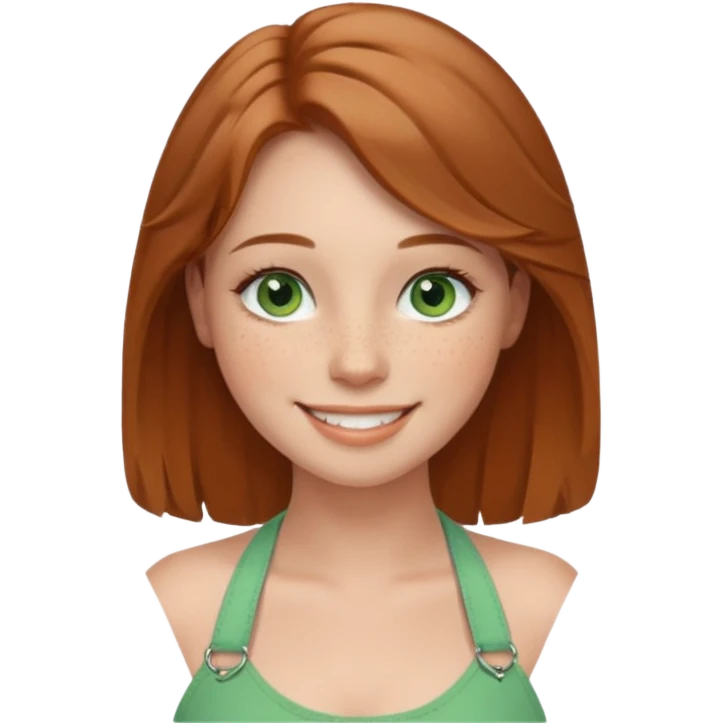 emoji of a woman named Freya McOmish, smiling, green eyes, light brown hair, subtle freckles, modern casual style, wearing a halter top emoji