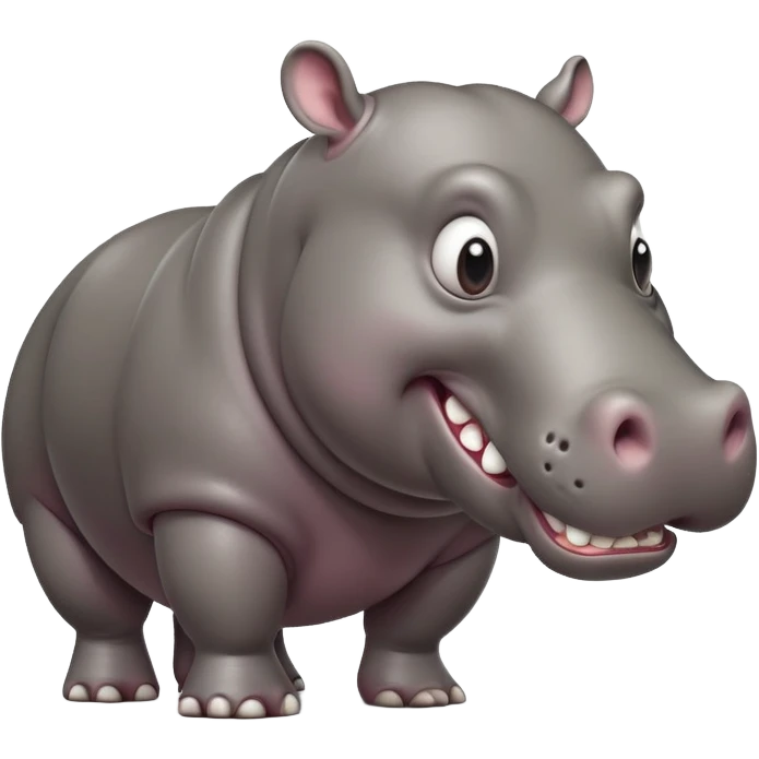 cinematic-hippo-realistic-full-body-side-view-standing-on-all-fours-emoji,-massive-round-frame,-wide-mouthed-grin-exposing-huge-teeth,-head-tilted-dramatically,-thick-grey-hide-glossy, big cute eyes emoji