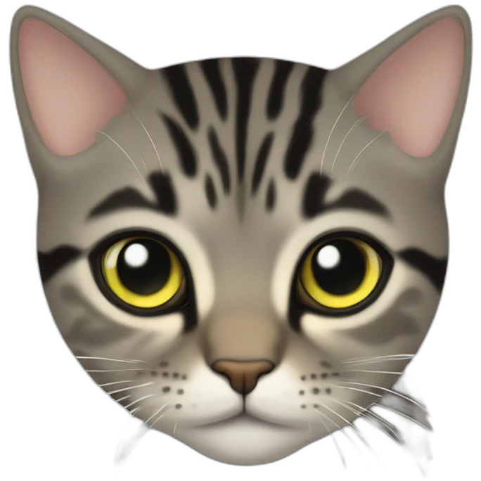  brown-grey cat with black striped pattern, age 4-5 months, eyes yellow-green, emoji