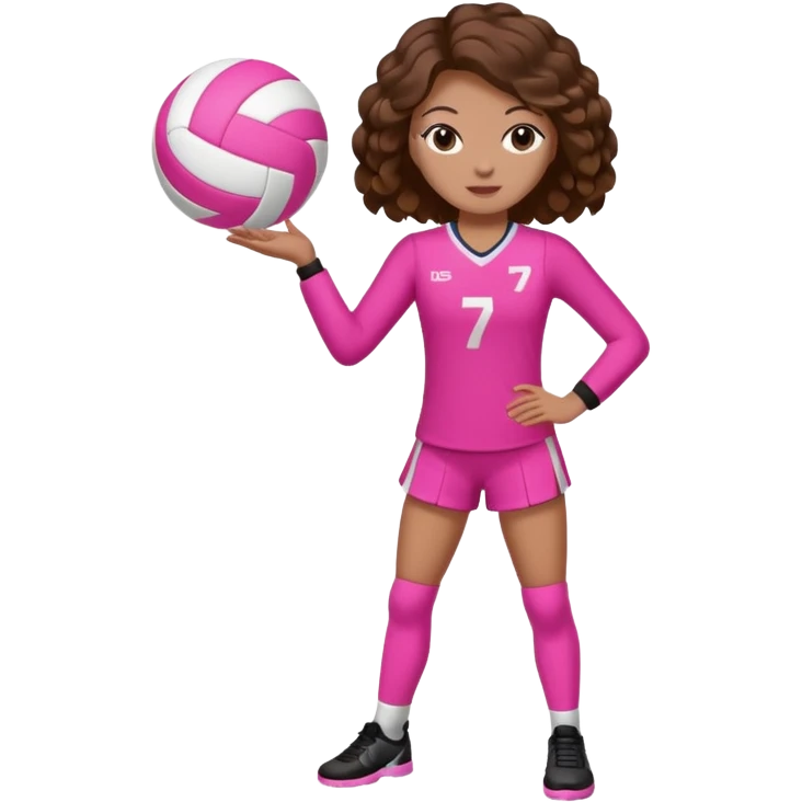 une joueuse de volley de debout qui joue c'est une blanche bronzée brune avec des cheveux longs boucles elle a une tenue rose avec le numéro 7 et UNE BALLE ROSE emoji