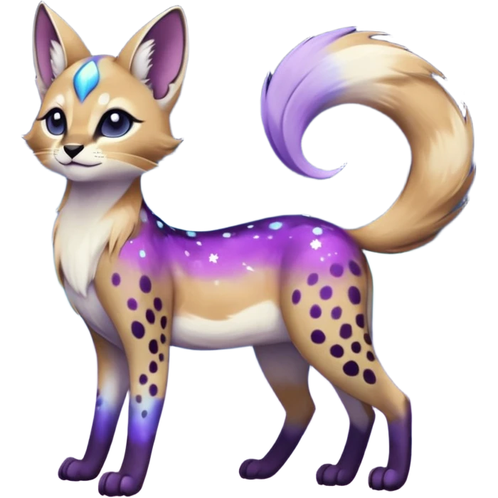 Colorful black-violet-indigo-purple-gradients nebulae nebula starry galactical shiny white-stars-spotted glorious iridescent divine exotic cute cool beautiful realistic Meloetta-caracal-civet-sergal-oncilla-animal-Fakémon-hybrid-fursona (full body) emoji