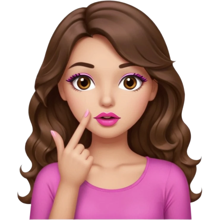 girl with long wavy brown hair, brown eyes, light to medium complexion, in a pink sexy top, pink lips, long lashes, shushing emoji