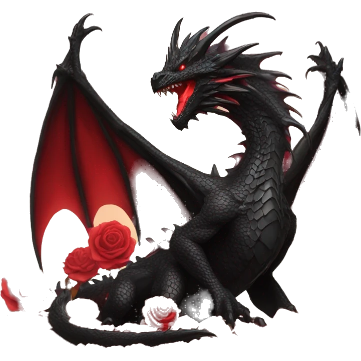 Black dragon breathing red flames, covered in thorned roses emoji