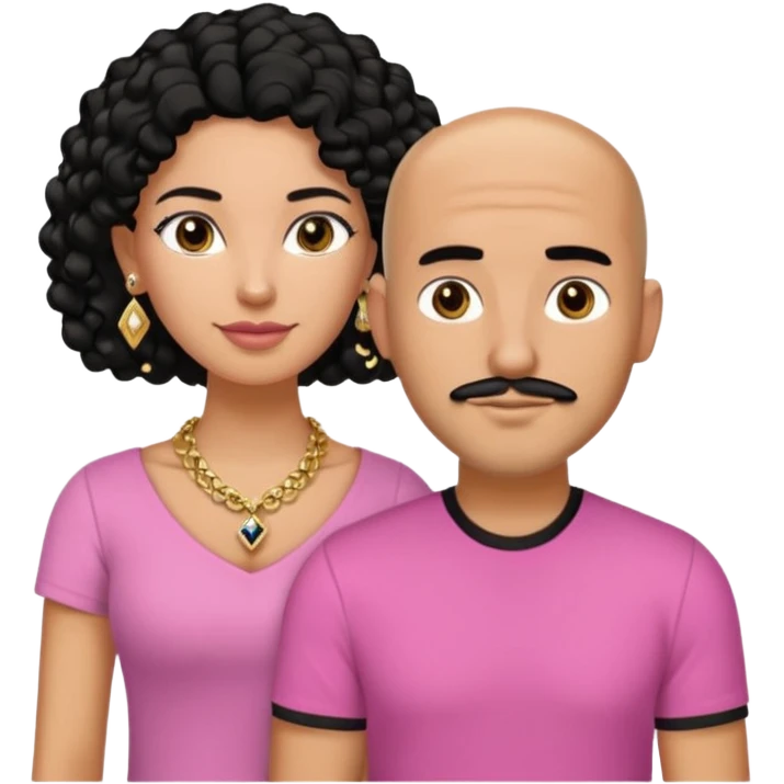 A picture if a couple. the man is a Mexican man with tanned skin, black hair, a bald hair cut, short boxed beard, and wearing a black shirt. the woman is mixed with black and white, with brown curly long hair, gold diamond earrings, a gold chain necklace and wearing a pink shirt on with big boobs emoji