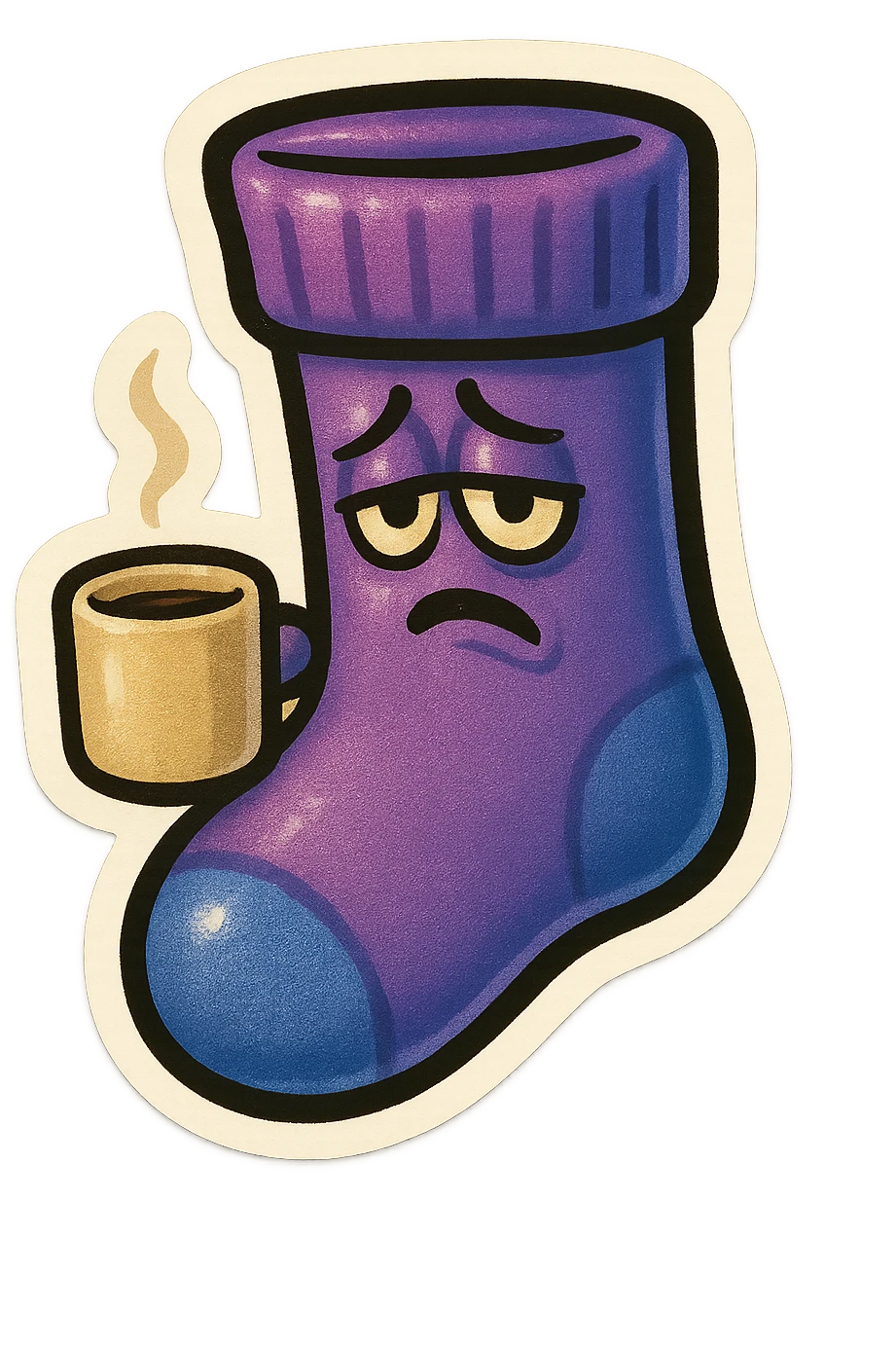 A purple sock with a tilted face, holding a coffee cup, representing tilt or exhaustion. emoji
