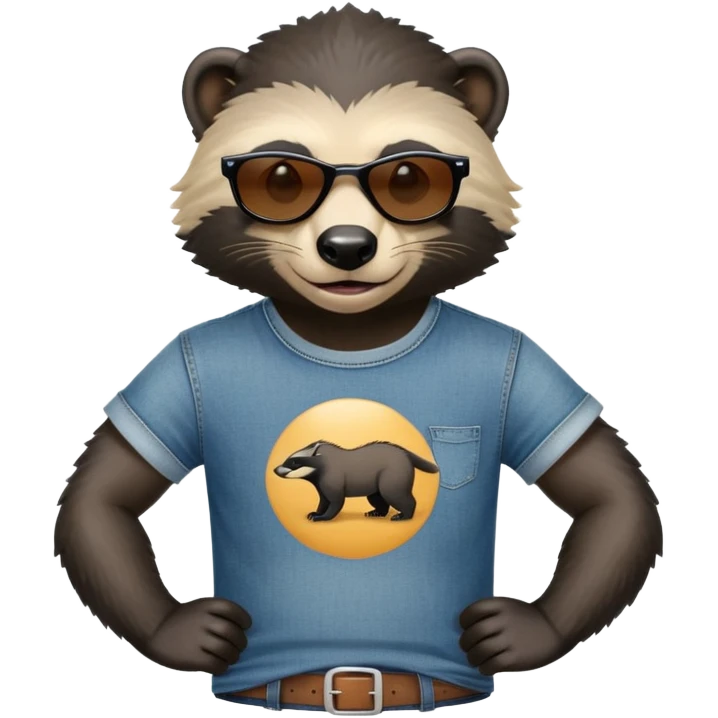 friendly anthropomorphised honey badger in jeans and a t-shirt, wearing sunglasses, head and shoulders view emoji
