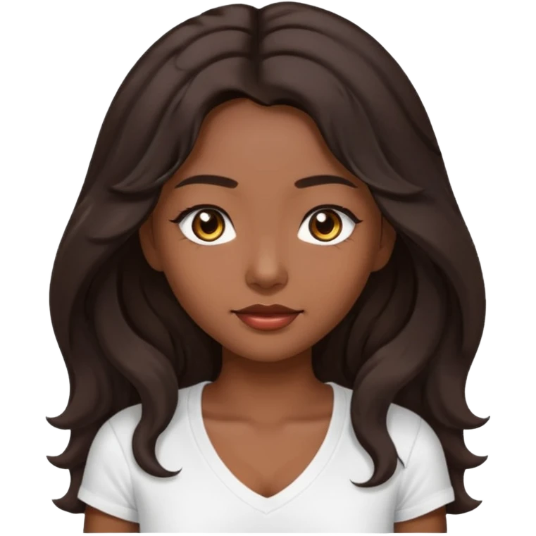 iOS style emoji A girl with very long dark brown wavy hair. And the eyes color is dark brown. And she is wearing white t shirt with V kneck. And she is 30. She is Asian with double eyelids  emoji