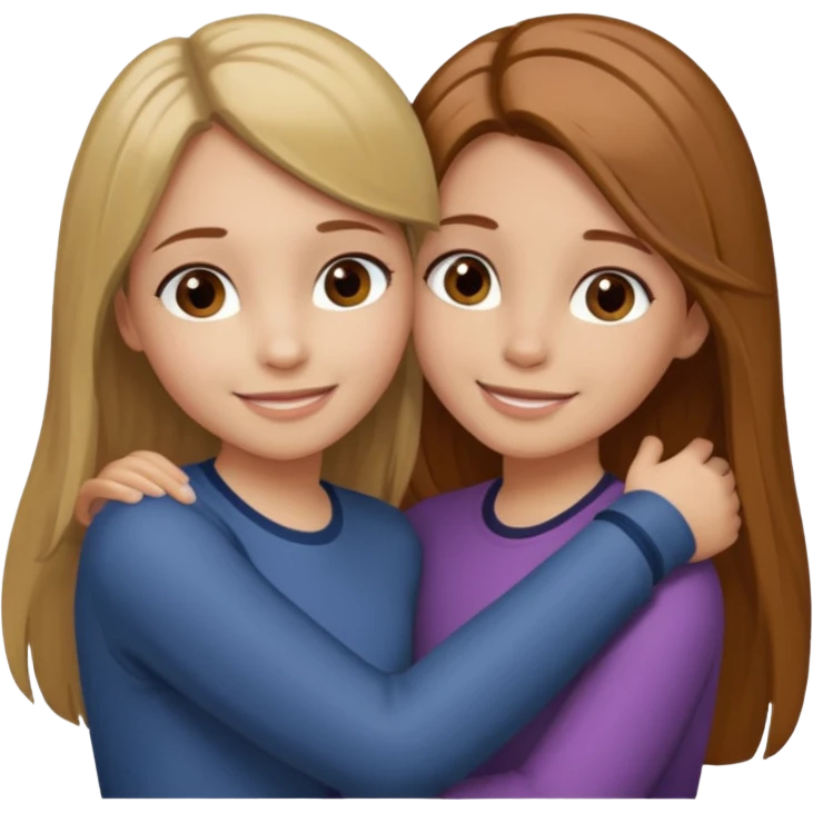 Two girls are hugging. One has dirty blonde hair with a little reddish in it. She has also grey eyes. Her hair is long and straight. The other girl has dark brown hair with hazel eyes emoji