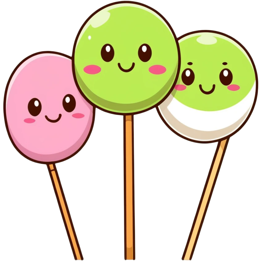 Cute kawaii Japanese dango with happy face, three colorful rice balls on a stick with pink, white, and green colors emoji