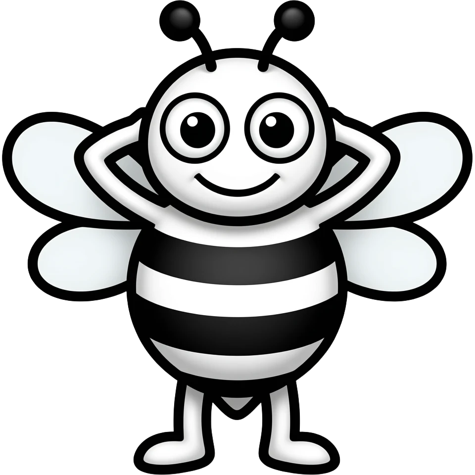 happy relaxed bee emoji, black and white cartoon bee, thick bold outlines, white body with black stripes, big round eyes, smug smile, arms behind head leaning back, transparent background, flat style, simple shapes emoji