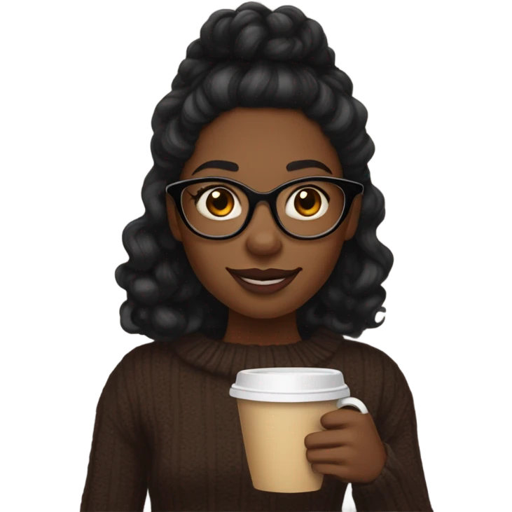 Dark brown wand curl long hair black women sweater brown eyes and small glasses holding coffee emoji
