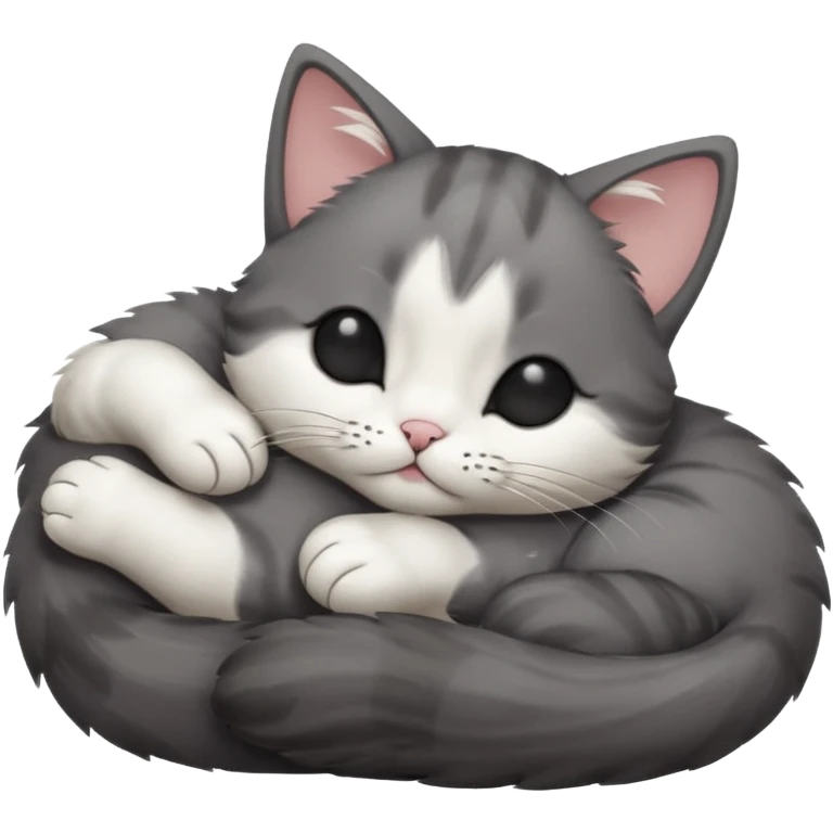 dark grey and white small cat with its eyes closed lying down leaning on its elbow with its paw curled under its head holding it up emoji