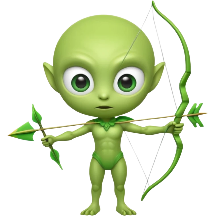 3D emoji-style green alien holding a bow and arrow, glossy texture, smooth skin, large expressive eyes, small humanoid body, minimalist background, soft lighting, Pixar-style rendering, high detail, cute but slightly serious expression, clean centered composition. emoji
