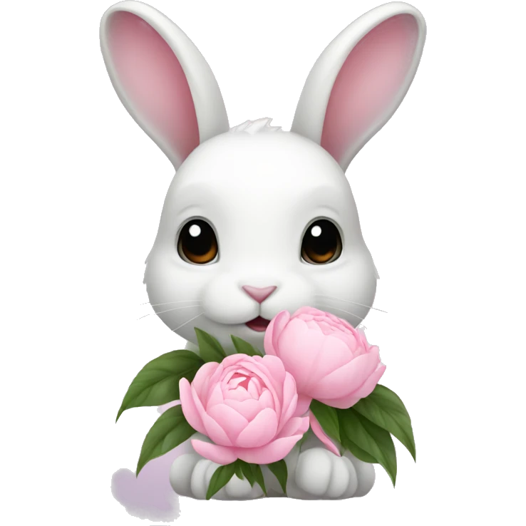 cute white bunny holding light pink peonies emoji