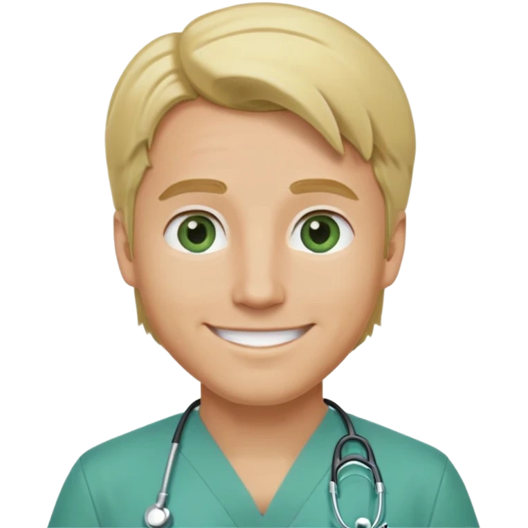 a male doctor with green scrubs, blonde hair middle part, light blue eyes, smiling, ios quality emoji
