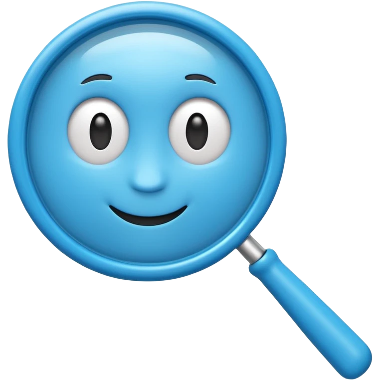 A cute 3D emoji-style blue magnifying glass, glossy plastic material, soft rounded shape, vibrant blue color, smooth reflections, minimal details, centered composition, isolated on a clean background, emoji style, high quality 3D render emoji