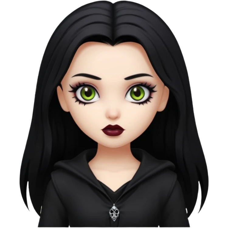 goth bratz baddie, beautiful hazel eyes, long black gothic hair style, black goth clothes emoji