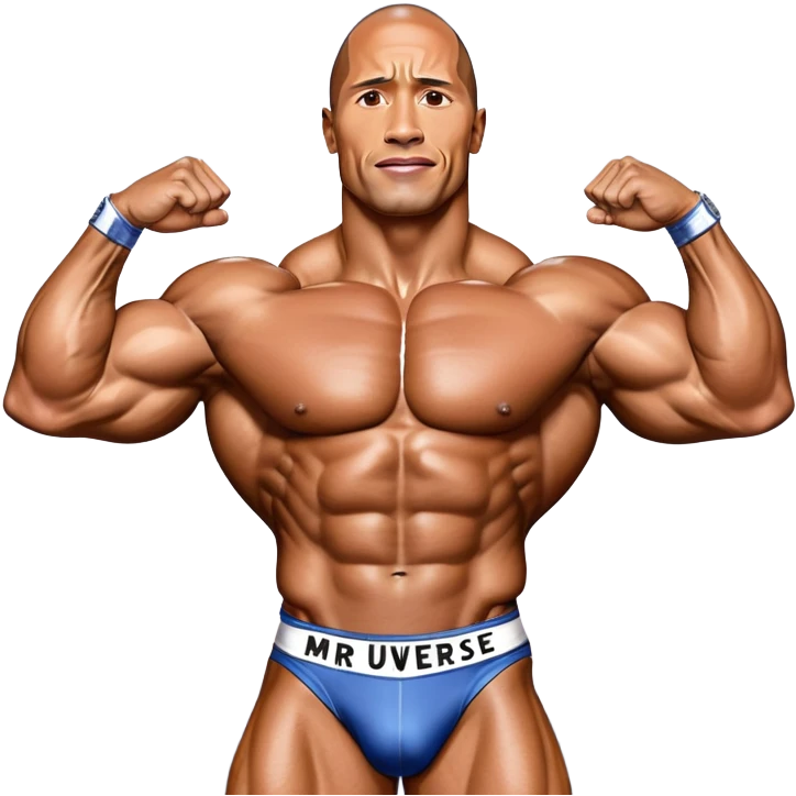 Dwayne Johnson, oiled and posing at the Mr. Universe bodybuilding championship, showcasing his muscular physique in an iconic display of strength. The background features the stage with judges and audience, capturing the intensity and prestige of the competition. Transparent background. emoji