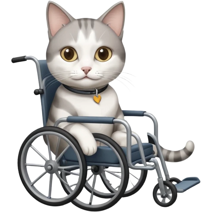 disabled grey and white cat using cat wheelchair emoji
