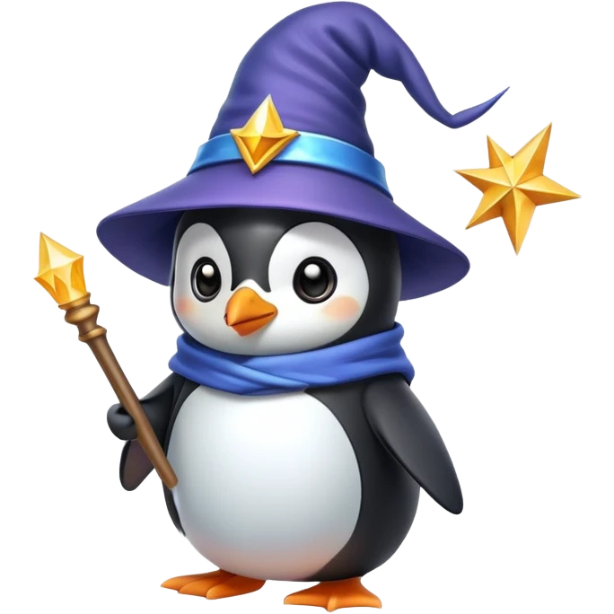 A cute penguin wearing a wizard hat and holding a magic wand emoji