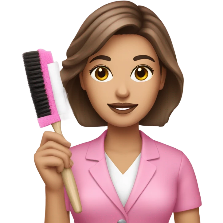 Brown haired Esthetician wearing pink holding a fan brush emoji