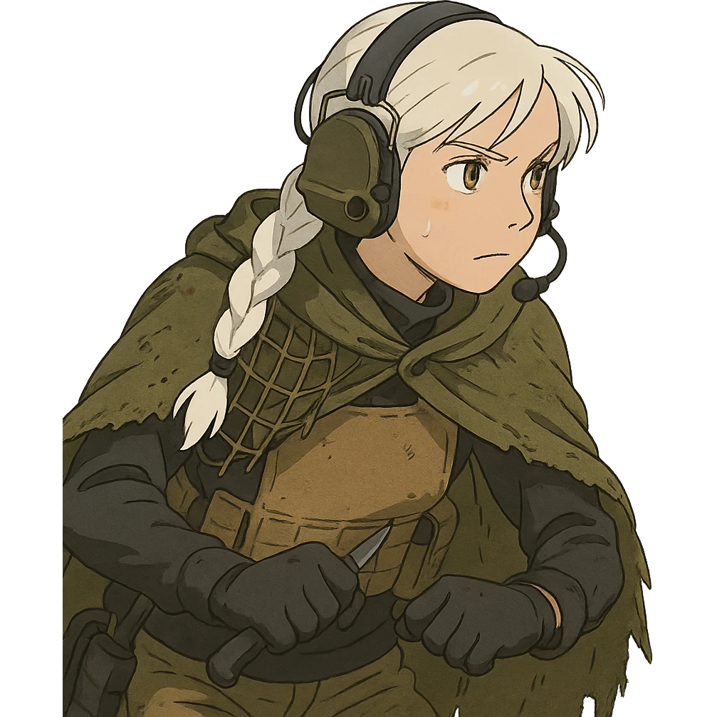 1 female, mid 20's, white hair in a long braid, gold yellow eyes, adorned in a black long sleeve shirt, tan body armor and a worn olive-green cloak with netting holding it together. She wears a COMTAC headset. she is hunched slightly, stealthily, focused on her target, holding a small combat blade at the ready emoji