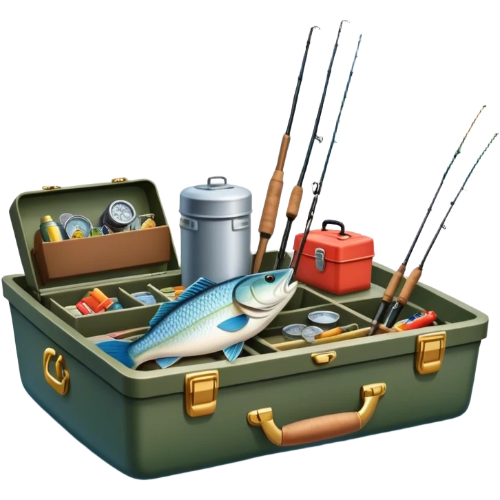 Icon for Fishing: a boat on the shore of a peaceful water body with a beautiful natural landscape, a fishing tackle box, a spinning rod. The icon should capture the tranquility and gear of a fishing adventure. Without frame. Transparent background. emoji
