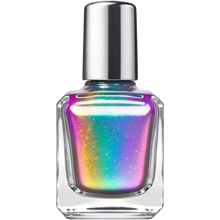 Ultra realistic, detailed, rainbow glitter effect holographic nail polish, glass translucent bottle, silver chrome lid emoji