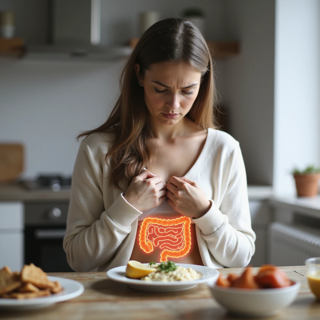 adult woman, photorealistic, on diet to fix intestines, discomfort expression, sitting at table with healthy food, illustration of intestines highlighted on abdomen, natural light, kitchen background emoji