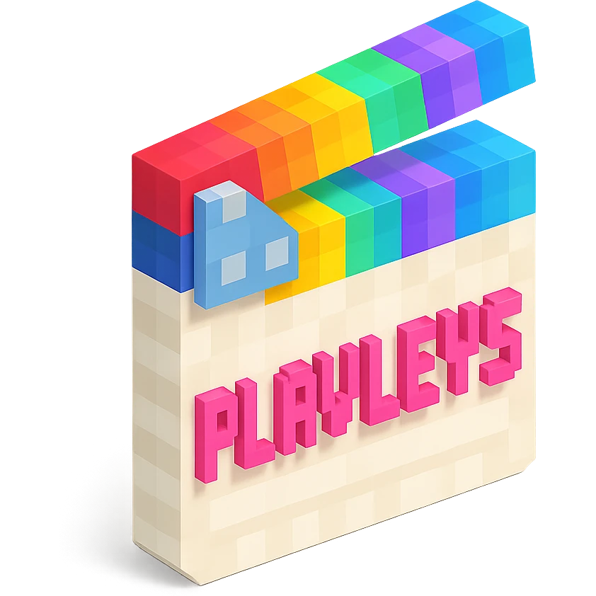 voxel style movie clapperboard, white body, colorful lid, pink text 'PLAVLEYS', isometric view emoji