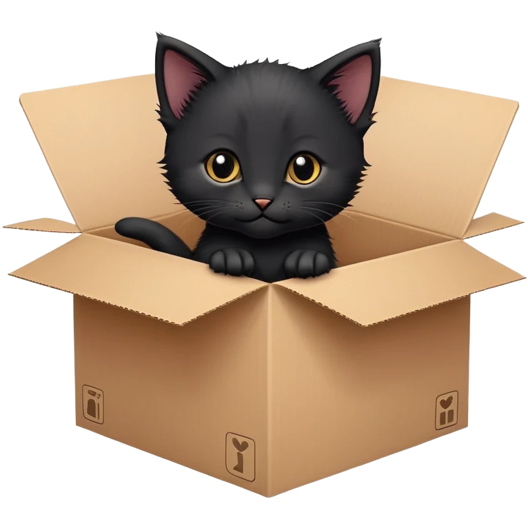  A very cute black young kitten cat with one's head tilted to one side poked its paws out of the cardboard big box and placed them on top of it emoji