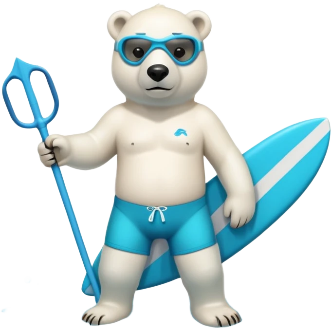 friendly anthropomorphised polar bear standing out of the pool, wearing surf board shorts and a scuba mask with snorkel emoji