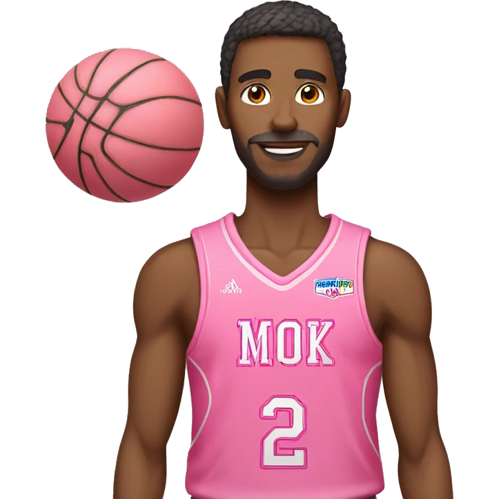 An emoji of a man wearing a pink basketball jersey and holding a pink basketball. skinn color white emoji