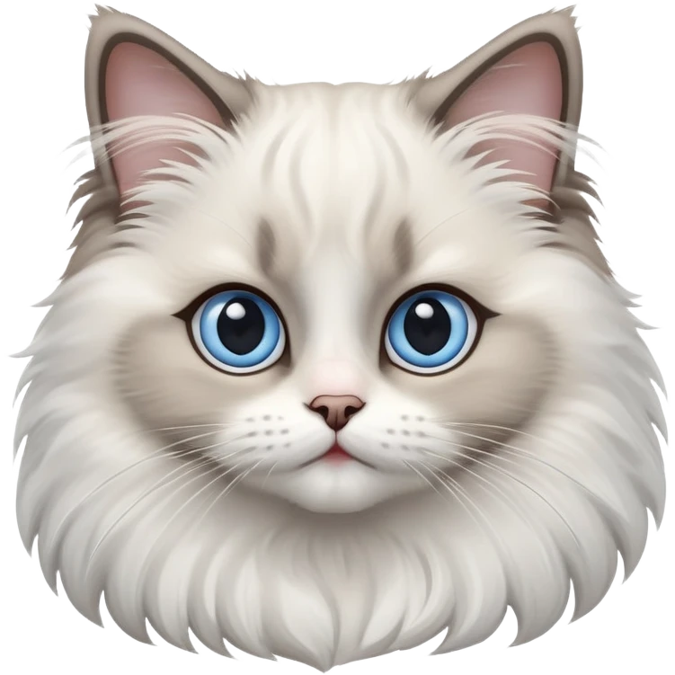 cinematic-adorable-big-eyed-fluffy-ragdoll-cat-portrait-emoji,-head-tilted-playfully-with-a-sweet-expression,-fluffy-white and grey-fur,-simplified-yet-irresistibly-cute-features-with-large,-expression, Large blue eyes emoji